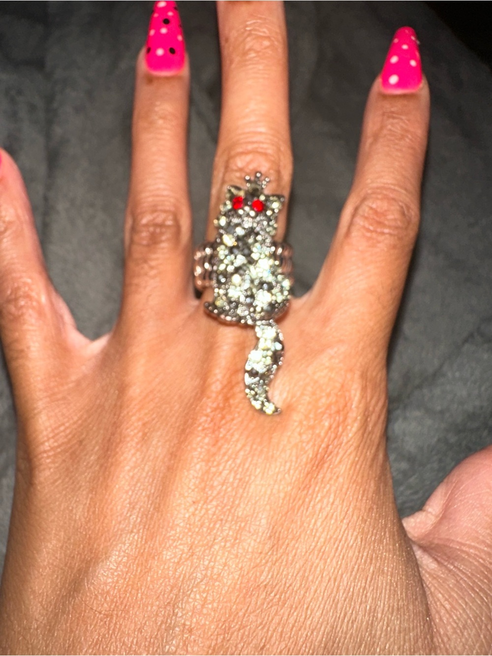Crystal Cat Cocktail Ring in Silver with Red Accents